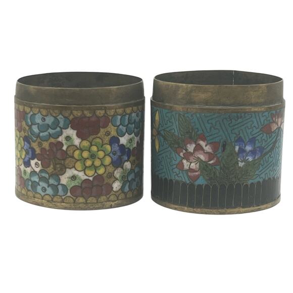 Antique Pair of Cloissone Enamel on Brass Floral Jars No Lids 19th Century - Picture 1 of 14